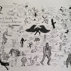 May include: A black and white hand-drawn map of the Eastern United States with illustrations of various cryptids, including the Mothman, Jersey Devil, and Bigfoot. The map is titled "A Rambler's Guide to Cryptids of Eastern America".