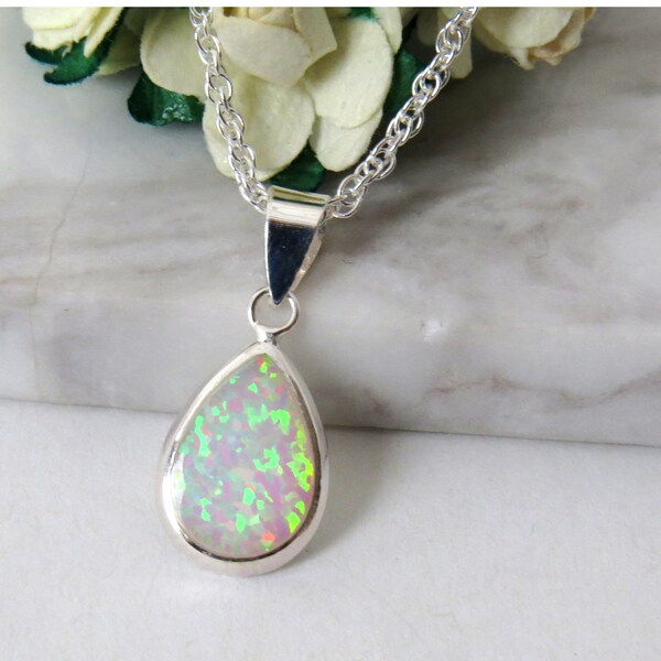 Sterling Silver white Teardrop Opal Pendant, Opal Necklace, Gift for Women