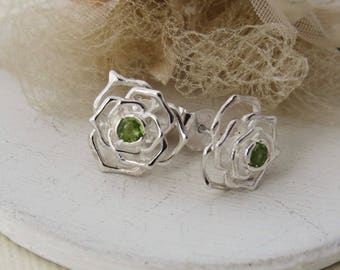 Sterling Silver Earrings, Silver Rose Design Stud Earrings, Green Peridot Earrings, Bridal Earrings, Bridesmaid Earrings, Bridesmaid Gift
