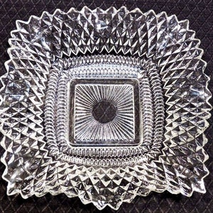 Vintage Federal Glass 1930s-1940s &quot;Traditions&quot; Diamond Point Clear Glass Ruffled Edge Bon Bon / Candy / Relish Dish