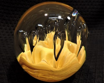 Handmade Blown Glass Paperweight with Yellow Swirls and Seven Bubbles