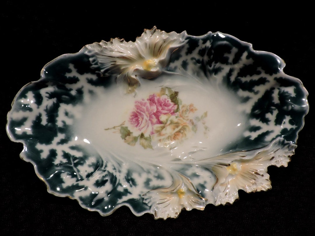 Antique RS Prussia Oblong Relish Dish Embossed Lily Mold Unmarked Late