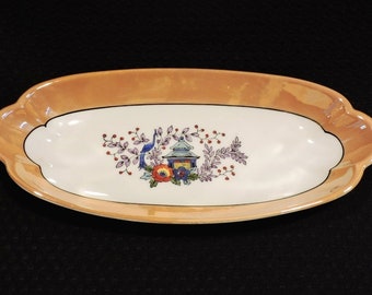 Vintage Noritake Celery Dish With Morimura Mark In Wreath, Lusterware Gold With Peacock And Floral Spray