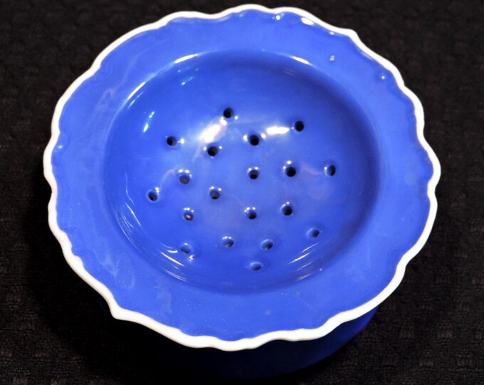 Vintage Porcelain Tea Strainer & Drip Cup Blue Exterior and White