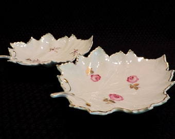 A Set of 2 - Hochst Hand Painted Leaf Shaped Porcelain Nappy Dish Of Incredibly Fine Porcelain Made In Germany