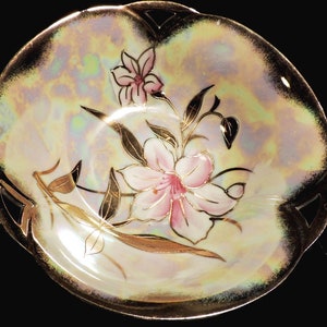 Vintage Hand Painted Lusterware Bowl with Gold Trim and High Relief Outlining the Pink Lillie&#39;s and Foliage