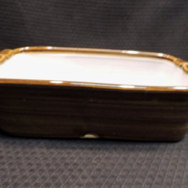 Handmade Salt Glazed Ceramic Loaf Pan, Exterior is Brown with White Interior. Includes Maker Mark Stamp