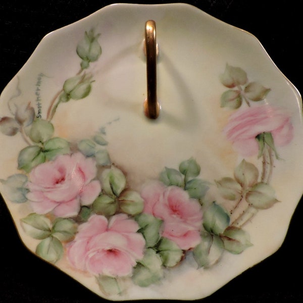 Vintage Limoges Ceramic Art, Hand Painted, Signed 12 Sided Polygon Shaped Lemon Dish With Roses