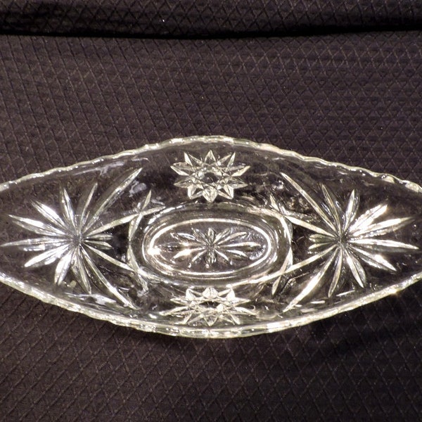 Vintage Anchor Hocking "Prescut Clear" Small Canoe Celery Bowl Featuring the Pressed Star & Fan Design ca. 1960's