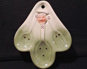 Vintage Happy Chef Stove Top 3-Spoon Rest with Wall Hanging Port, Mid Century Modern