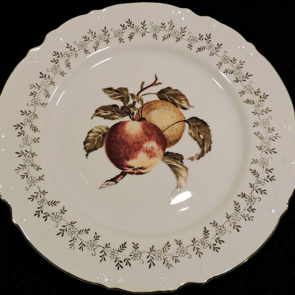 Vintage Decorative Dinner Plate, White with 22 K Gold Filigree Border, Red & Gold Apples with Foliage Centered