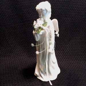 Vintage Lighted Porcelain Bisque Angel Figurine with Pearl Accents and Bouquet. Beautiful with lights on or off. 3.5&quot; wide x 10&quot; tall.