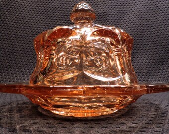 Vintage MCM Mosser Cherry and Cable Thumbprint Pink Round Domed Butter Dish