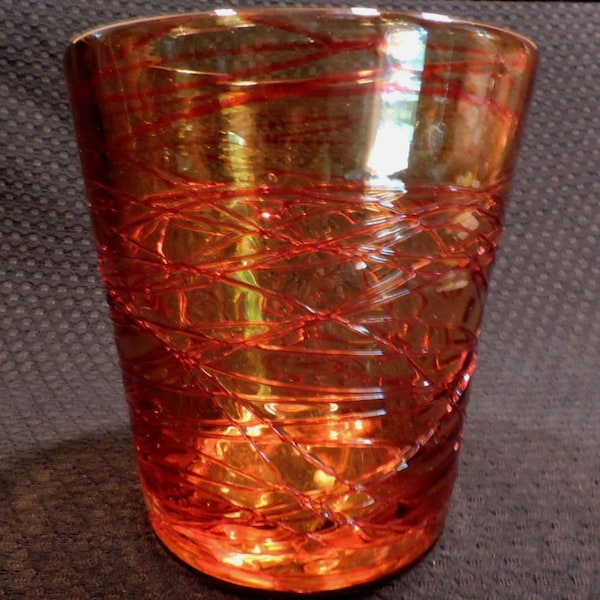 Vintage Handblown Red Threaded Amber Venetian Art Glass Tumbler Vase Like Venini Glass 1970's