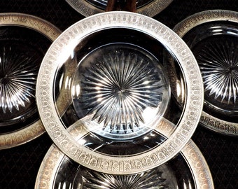 Vintage Clear Glass Dessert Plates, Platinum Rim with Starburst (Set of 5)