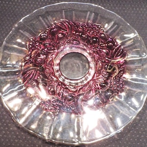 Vintage Indiana Garland Flashed Raised Fruit Clear Glass Paneled, Footed Cake Plate. Purple Flashing on Raised Fruit and Garland.