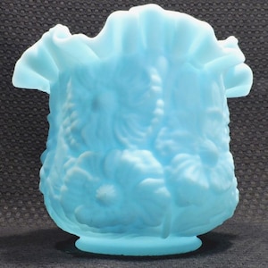 Lovely Vintage Fenton Blue Satin Vase with Extruded Poppies and Double Crimped Top