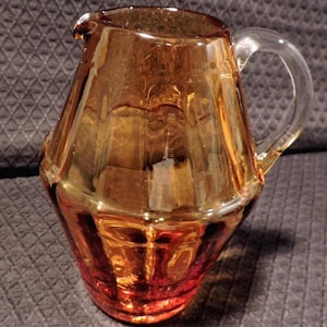 Vintage Amber Hand Blown Glass Panel Optic Creamer with Clear Applied Handle - Free Shipping