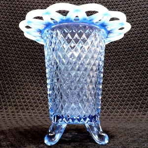 Vintage Imperial Glass Katy Blue with Opalescent Open Lace Top Border Diamond Point Footed Spooner Vase