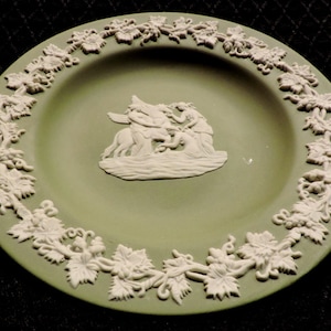 Vintage Wedgwood Sage Green Jasper Ware 4 1/2&quot; Pin Dish with White Raised Embellishment and Muses Pegasus Center