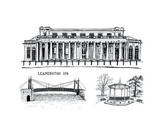 Leamington Landmark Print  // A4 Foiled Print // Leamington Pump Rooms  // Bandstand Illustration // Suspension Bridge // Spa Town Art