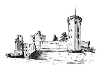 Warwick Castle Illustration // A4 Warwick Castle Foil print // Warwickshire Series // Hand Drawn Castle // Warwick Landmark // Warwick Art