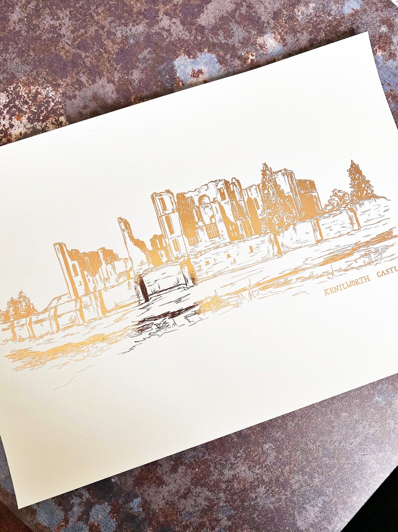 Kenilworth Castle Illustration // A4 Warwickshire Print // Kenilworth Landmark // Kenilworth Castle Foil Print // Hand Drawn Castle image 4