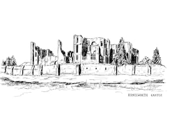 Kenilworth Castle Illustration // A4 Warwickshire Print  // Kenilworth Landmark // Kenilworth Castle Foil Print // Hand Drawn Castle