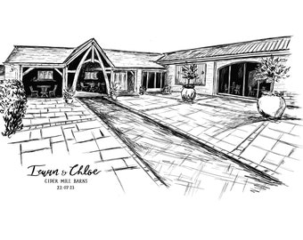 Cider Mill Barns Wedding A4 Print // Personalised Wedding Gift // Wedding Venue Art // Barn Wedding Illustration // House of Flourish