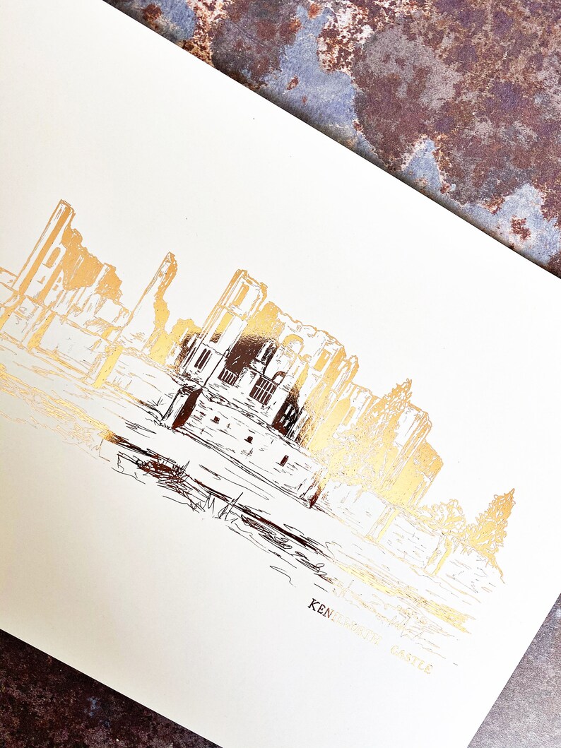 Kenilworth Castle Illustration // A4 Warwickshire Print // Kenilworth Landmark // Kenilworth Castle Foil Print // Hand Drawn Castle image 5