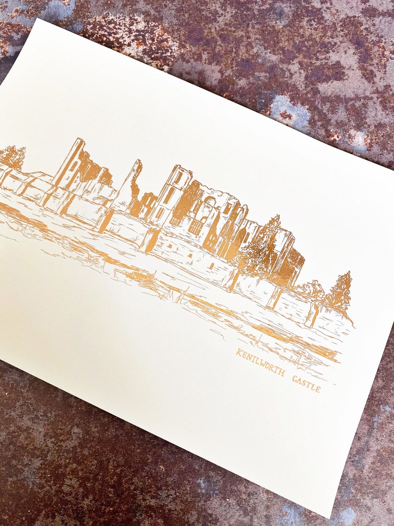 Kenilworth Castle Illustration // A4 Warwickshire Print // Kenilworth Landmark // Kenilworth Castle Foil Print // Hand Drawn Castle image 2