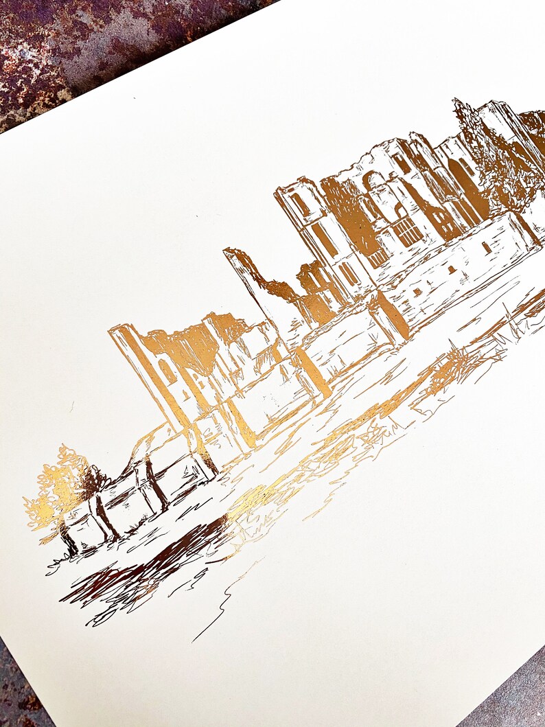 Kenilworth Castle Illustration // A4 Warwickshire Print // Kenilworth Landmark // Kenilworth Castle Foil Print // Hand Drawn Castle image 3