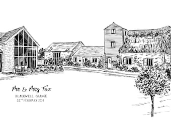 Blackwell Grange A4 Print  // Barn wedding Print // Personalised Wedding Gift // Wedding Illustration // Wedding Art // House of Flourish