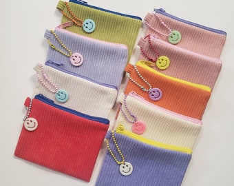 Corduroy zipper wallet with keychain. cute pouch. card holder. coin purse .