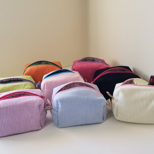 Handmade small corduroy cosmetic bag. Cute Cosmetic pouch.  Small Fabric cosmetic bag. Travel case.
