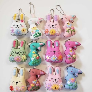 Hand Embroidery doll key chain. Cute rabbit fabric keychain
