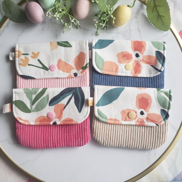 Mini Handmade Two tone snap purse card wallet pouch Cotton Corduroy cute gift Credit Card Holder Flower