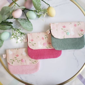 Rabbit with flowers Snap purse Handmade Two tone  card wallet pouch Cotton Corduroy cute Credit Card Holder Gift for her