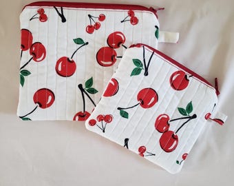 Quilted Cherry Print Pouch: Small/Medium Cosmetic Bag