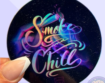 Stickers imperméables en vinyle holographique Smoke and Chill 3 pouces par Dazey moon art