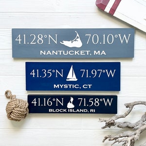 May include: Three wooden signs with nautical coordinates and the names of coastal towns: Nantucket, MA, Mystic, CT, and Block Island, RI. The signs are painted in shades of blue and gray.