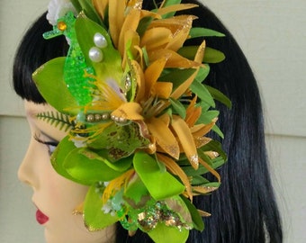 Large Green Double Orchid Tiki Seahorse Hair Flower/ Seahorse Hair Flower Clip/ Half Crown Tiki Hair Flower/ Tiki Swizzle Stick Hair Flower