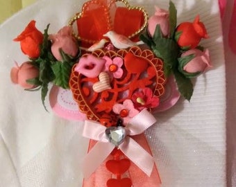 Vintage Style Valentine Hearts Corsage Pin Brooch/ 1950s Style Red Corsage Birds/ Valentine's Day Corsage Retro Roses Hearts/
