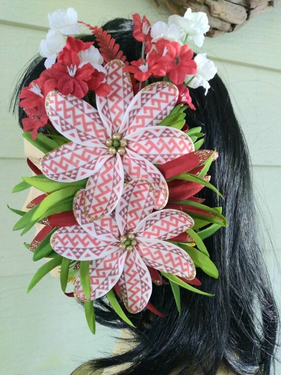Tropical Hibiscus Lily Hair Flower Clip Red Yellow Tiki Pinup Rockabilly Large Pin up Style Tropical Island Rose Hair Clip by  main image 4