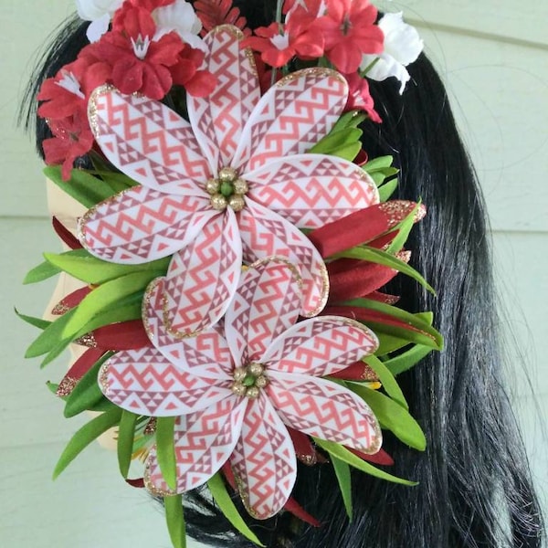 Tiki Tribal Double Hair Flower Clip/ Native Hawaiian Hair Flower Clip/ Tiki Oasis Hair Flower Clip/ Viva Las Vegas Hair Flower Clip