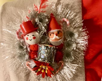 Vintage Style Spun Cotton Snowman Santa Elf Corsage/ Mid Century Retro Snowman Vintage Santa Corsage Pin Brooch