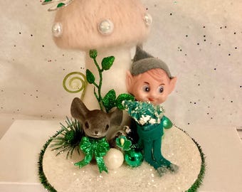 Christmas assemblage Vintage Elf and Mushroom vignette Handmade Green