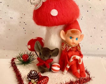 Christmas vintage assemblage elf and mushrooms vignette Handmade