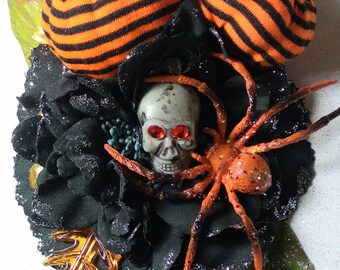 Orange & Black Pumpkin Hair Flower Clip/ Gothic Hair Flower Clip