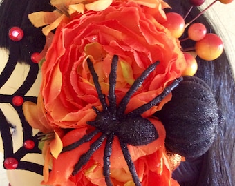 Halloween Hair Flower Orange Roses Black Spider Pinup Clip